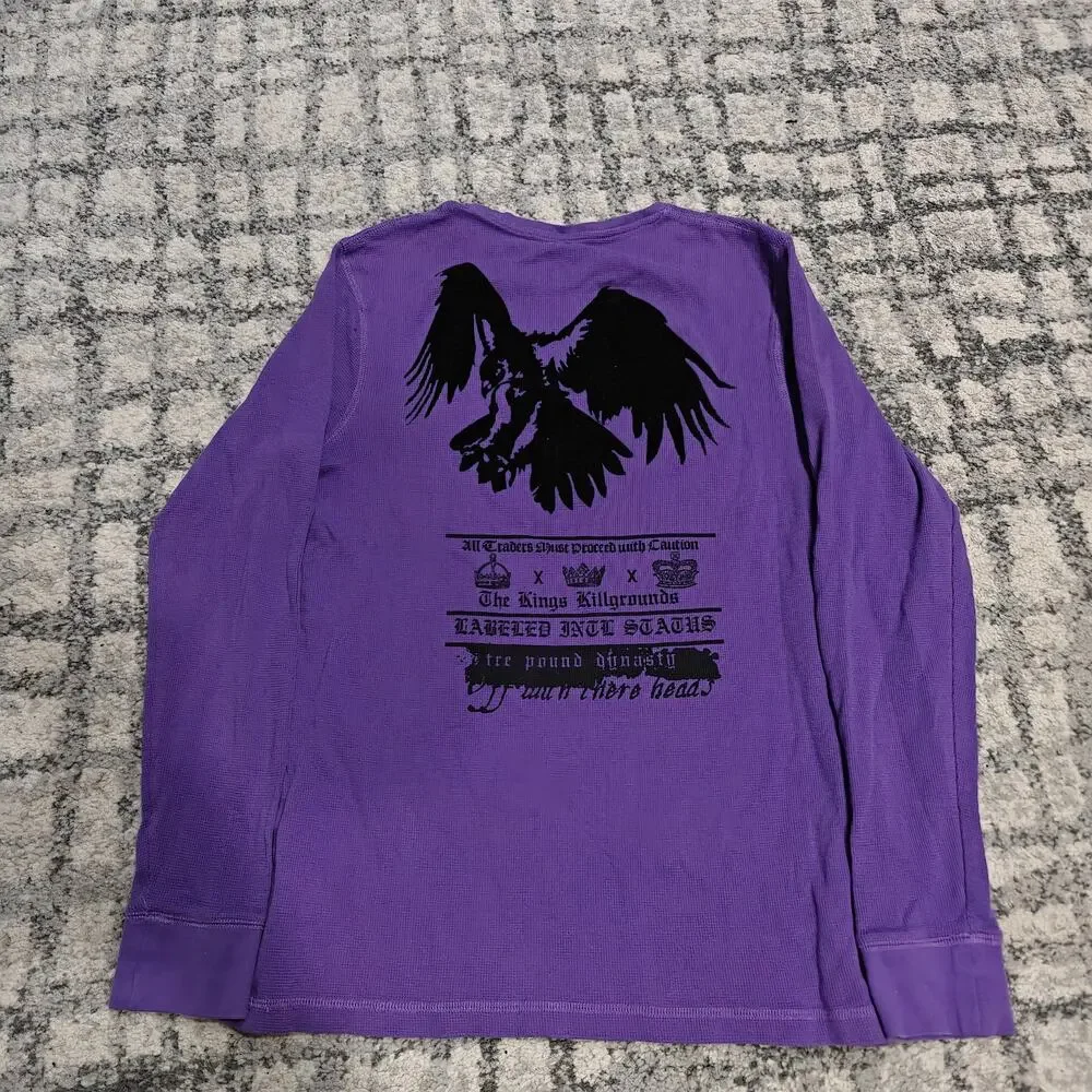 Nostic Y2K Mens L Purple Thermal Waffle Long Sleeve Graphic Shirt Velvet Flock